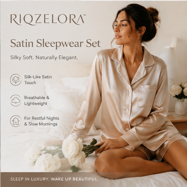 RIQZELORA™ Women's Satin Pajama Set Luxury Silk Feel Sleepwear Button Down Shirt Shorts Lounge Outfit Elegant Nightwear