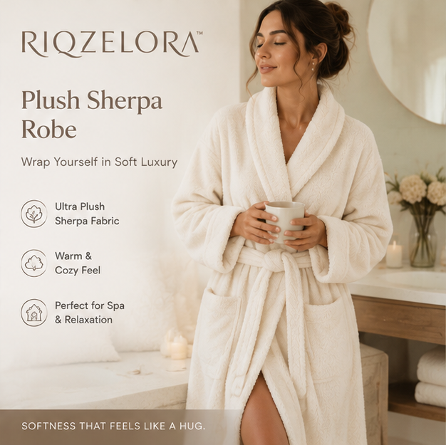 RIQZELORA™ Women's Plush Sherpa Robe Ultra Soft Fleece Bathrobe Cozy Long Kimono Lounge Wear Winter Homewear