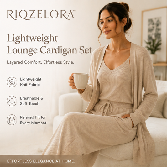 RIQZELORA™ Women's Lightweight Lounge Cardigan Set Soft Sweater Matching Pants Cozy Minimal Homewear Outfit