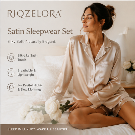RIQZELORA™ Women's Satin Pajama Set Luxury Silk Feel Sleepwear Button Down Shirt Shorts Lounge Outfit Elegant Nightwear