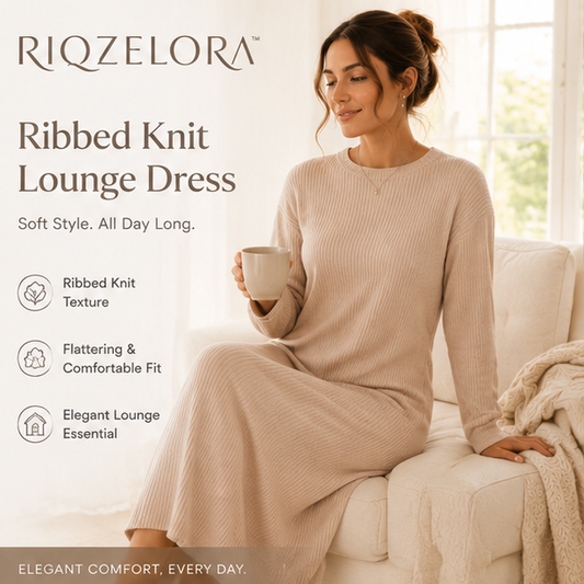 RIQZELORA™ Women's Ribbed Knit Lounge Dress Minimalist Long Sleeve Midi Dress Soft Casual Homewear Everyday Outfit